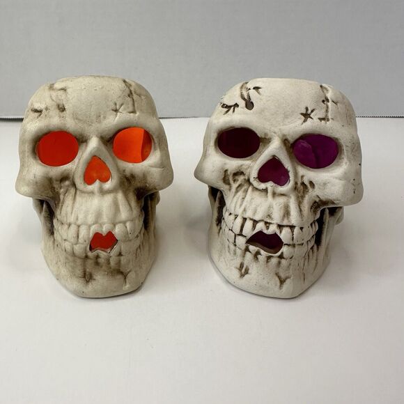 Skulls Ceramic Tea Candle Holders Set of 2 Orange/Purple Halloween Horror Goth - Picture 16 of 16